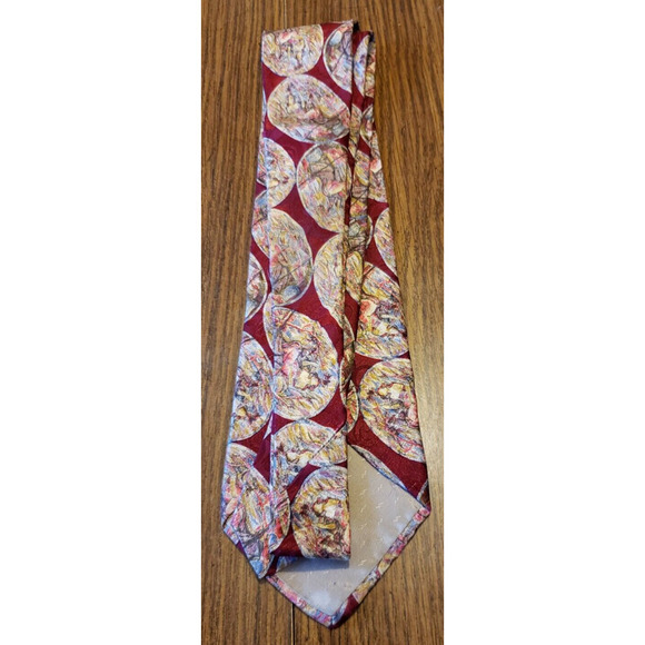 Oleg Cassini Red Abstract Stained Glass Circle Pattern Italian Silk Necktie Tie - Picture 2 of 6